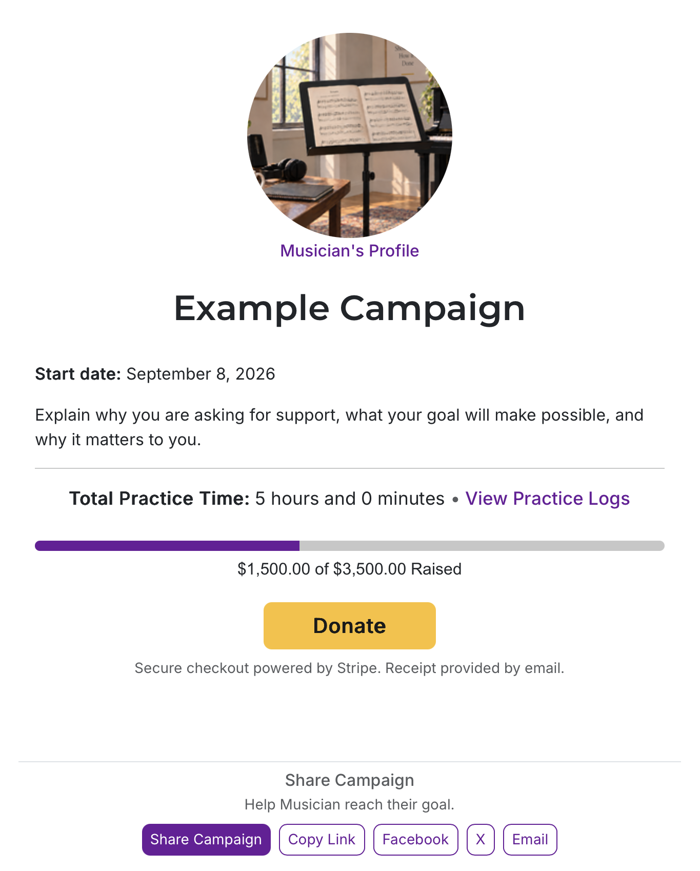 An example campaign showing a musician's goal, practice total, fundraising progress, donation button, and sharing controls