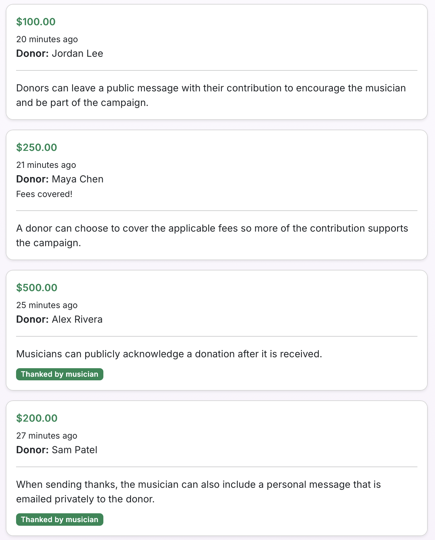 Example donations showing public donor messages, covered fees, public musician thanks, and private thank-you messages