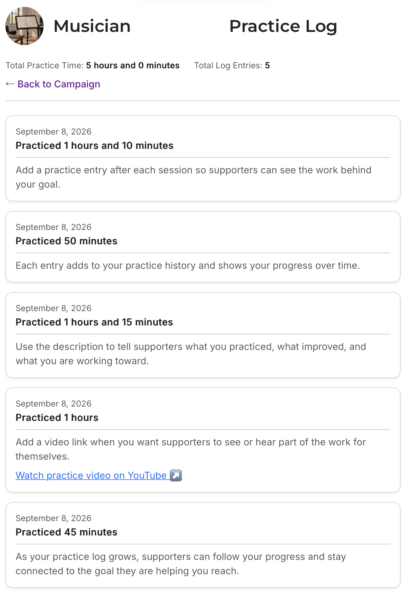 An example practice log with five entries, total practice time, descriptions, and an optional practice-video link